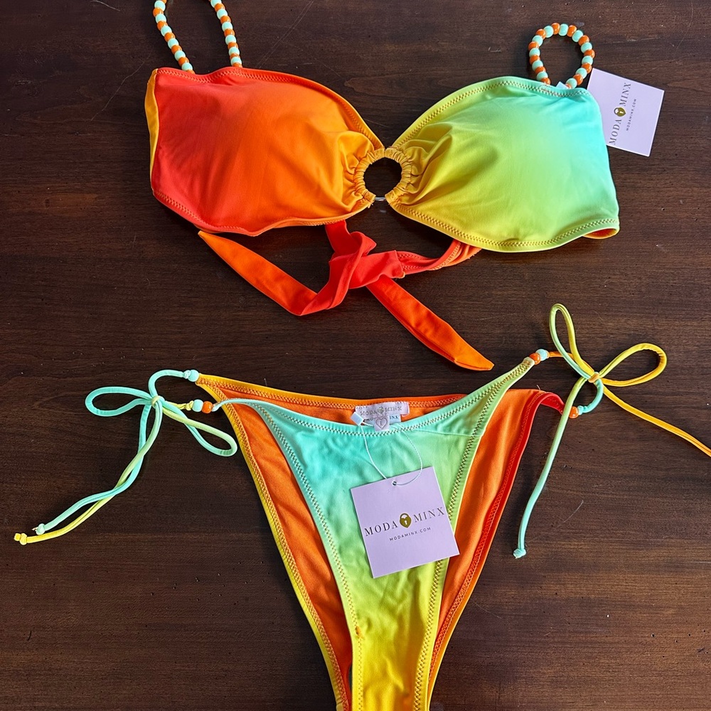 Rainbow Ombre Ring-Tie Bikini Set - Orange & Green